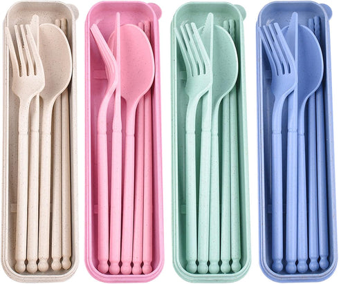 Camping Utensil Set, Reusable Utensils Set with Case, Plastic Cutlery Set Forks Spoon Tableware Chopsticks, Portable Cutlery Set for Travel Picnic...