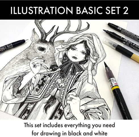 Kuretake Zig Inktober Special Set, Illustration Basic Set 2, 4 Black Markers and 1 White Brush Pen, for Manga Drawing, Lettering and Calligraphy, ...