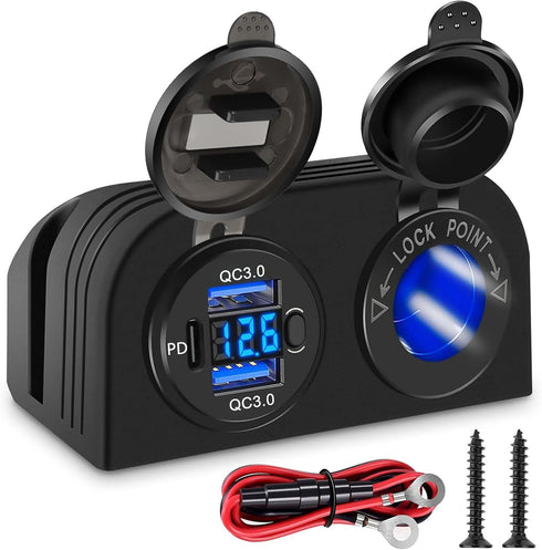 3 in 1 Tent Type Panel, 2 Hole USB Socket Tent Panel, PD Charger Socket + QC3.0 Dual USB Car Charger + 12V/24V Cigarette Lighter Socket + LED Volt...