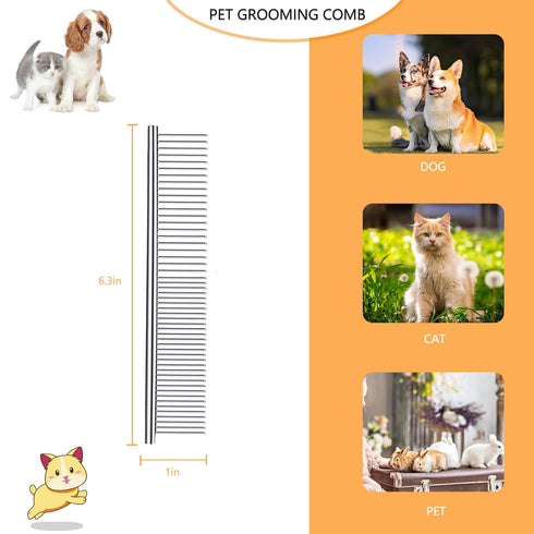 Pet Grooming Combs with Rounded Tips, Stainless Steel Bristles, Easy Detangling Tool for Long & Short Haired Dogs, Cats, and Other Furry Friends, ...
