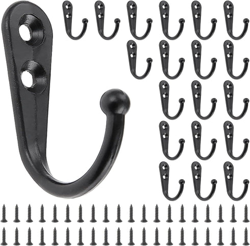 Yetaha 20PCS Wall Mounted Hooks with 40 Screws, Double Holes Hooks Towel Robe Hat Coat Hook for Kitchen Bedroom Bathroom, Black...