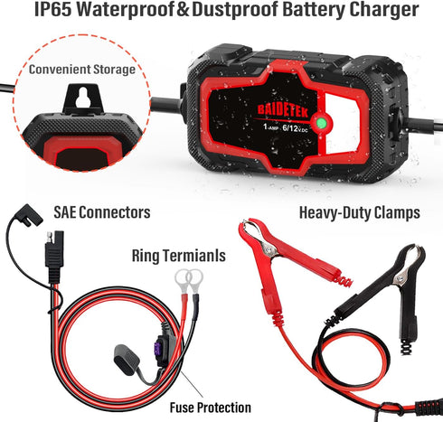 1A Car Battery Charger, 6V and 12V Fully Automatic Trickle Charger, Smart Battery Maintainer for Cars, Motorcycle, Boat, Truck, Lawn Mower, Marine...