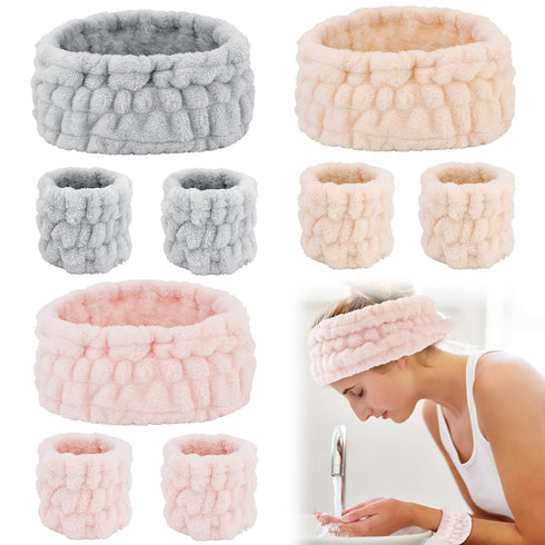 WHAVEL 9 PCS Face Wash Headband and Wristband Set, Makeup Spa Headband and Wristband Skin Care Headbands Arm Wrist Bands for Washing Face (Khaki, ...