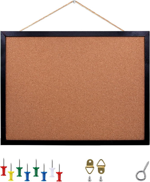 Black Cork Board Bulletin Board, 14.6"X 11" Cork Board, Oak Wood Finish Frame, Wall Mounted Cork Board for Office Home and School(Pins, Eye Bolts,...