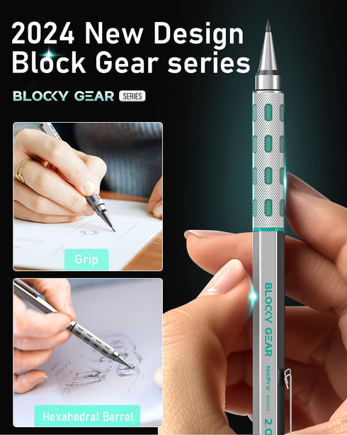 Nicpro 2mm Mechanical Pencils in Case, 3 Pack Blocky Gear Metal Drafting Lead Holder with 13 Tubes 2mm Lead Refills (HB 2B 2H 4B 4H 6B & Colors), ...