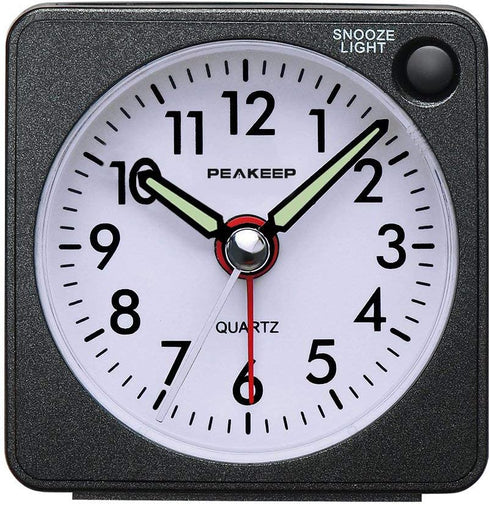 Peakeep Ultra Small, Battery Travel Alarm Clock with Snooze and Light, Silent with No Ticking Analog Quartz (Black)...