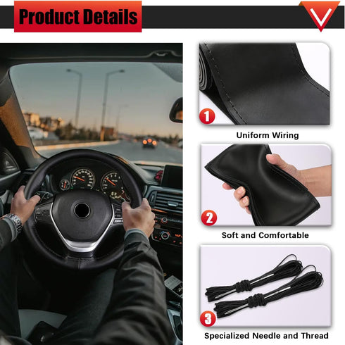 1PC Leather Steering Wheel Cover,Stitch on Wrap,DIY Sewing with Needle Thread,Anti-Slip Car Steering Wheel Protector for Max Diameter 15 Inch(Glos...