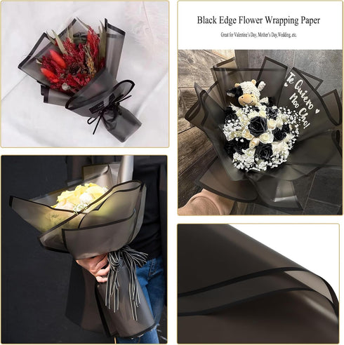 Gloreyan 20 Sheets Black Flower Wrapping Paper, Florist Bouquet DIY Craft Fresh Flower Wrapping Paper with Black Border Waterproof Floral Wrapping...