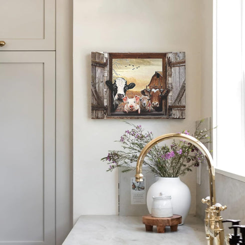 Kasluolo Farmhouse Animals Cow in Fake Window Wall Art Farmhouse Animals Landscape Picture Country Painting Wall Décor for Bathroom Bedroom Office...