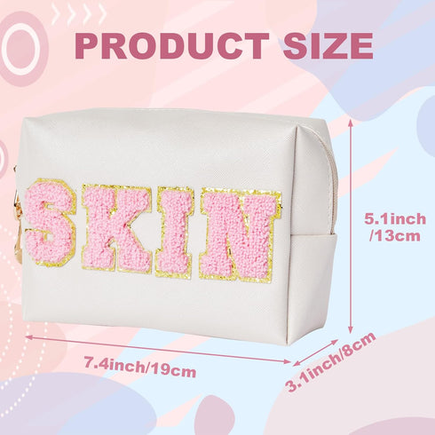 Preppy Patch Skincare Bags Travel Makeup Bag Varsity Letter Cosmetic Toiletry Cute Bag for Teen Girls PU Leather Portable Zipper Pouch Storage Pur...