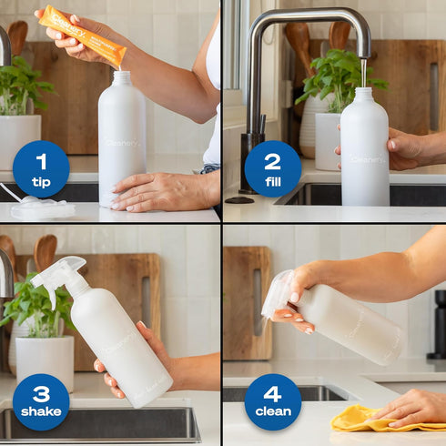 All-Purpose Cleaner Refill Powder Concentrate 4pk & Reusable Plant-Based Bottle (24oz) for Household, Kitchens, Bathrooms, Tiles, Stone, Cruelty F...