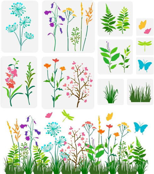 FINGERINSPIRE 11 PCS Wildflowers Stencils for Painting Reusable Flowering Shrubs Stencil Grass Leaf Stencil Butterfly Dragonfly Pattern Stencil fo...