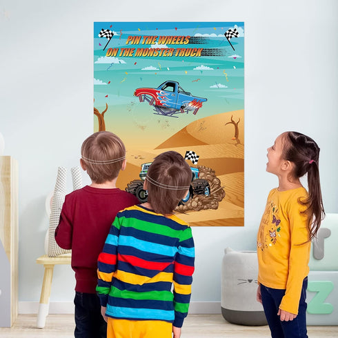 Eaezerav Pin the Wheels on the Truck Game with Monster Truck Poster, 36 Tyres Stickers, 2 Blindfolds for Car Theme Birthday Party Carnival Party T...