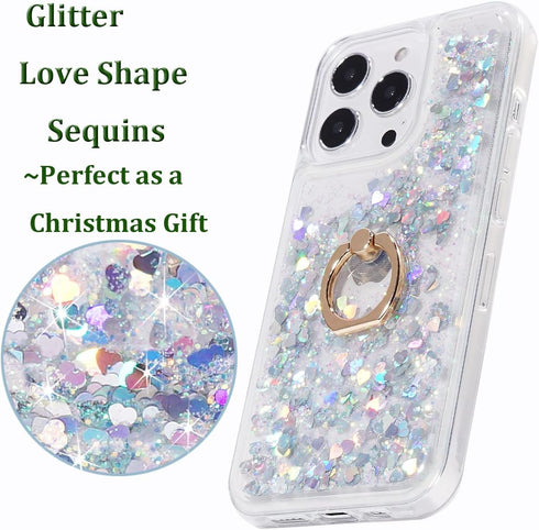 Glitter Case with Ring Holder Compatible with iPhone 13 Pro Max Glitter Case Clear Ring Holder Kickstand Soft TPU Rubber Bumper Bling Girly Women ...