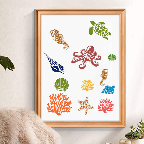 GORGECRAFT 8 Mixed Sea Animals Stencils Set 5.1x5.1 Ocean Creatures Painting Templates for DIY Art Crafts Scrabooking (Starfish, Conch, Seahorse, ...