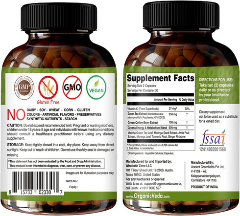 Organic Veda Moringa & Matcha Green Tea Extract Supplement with ECGC, Vitamin C & Antioxidant - Energy Boost & Metabolism Support Moringa Capsules...