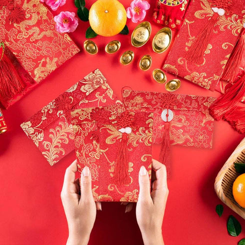 4 Pieces Silk Red Envelope Chinese Red Pocket Lucky Money Hong Bao Card Envelope for Spring Festival Wedding New Year Birthday, 4 Styles with Chin...