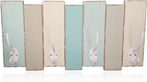 Tumbler Home Beachy Wood Wall Rack-4 Double Metal Hooks-Distressed Beach Decor Finish 16 inch x 8 inch...