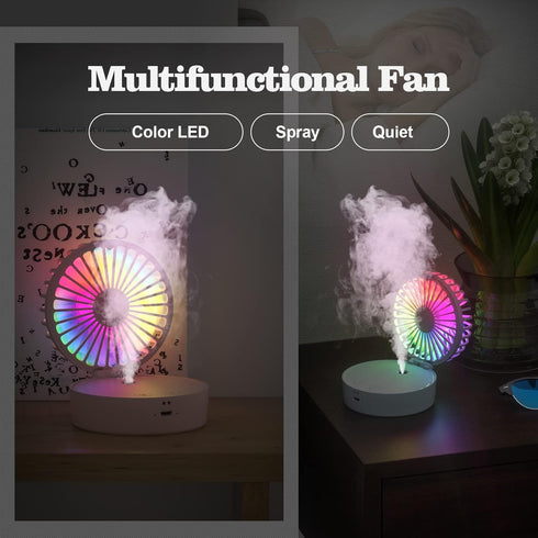 Mini Desk Fan, 3-IN-1 Portable Misting Fan, Necklace Hand Fan with Colorful LED, Small Handheld Fan Foldable, Quiet, Lanyard, Personal Fan for Wom...