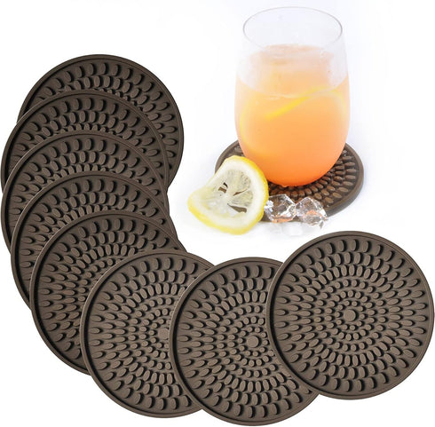 KindGa Coasters for Drinks Absorbent, Rubber Brown Coasters Set of 8, Large Silicone Drink Coaster for Furniture Protection, Deep Tray 4.3 Inch Ov...