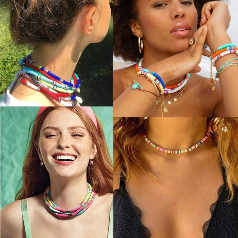 ARATLENCH Heishi Surfer Necklaces Bracelets –Colorful Vinyl Disc Beads Love Necklace Boho Rainbow Stack Stretch Friendship Bracelet Necklaces Set ...