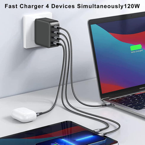 DTK USB C Wall Charger, 120W Fast Charger Block Plug, 4-Port Portable Power Adapter Charger Station for iPhone 14 13 12 11 Pro Max SE XS XR X 8 7,...