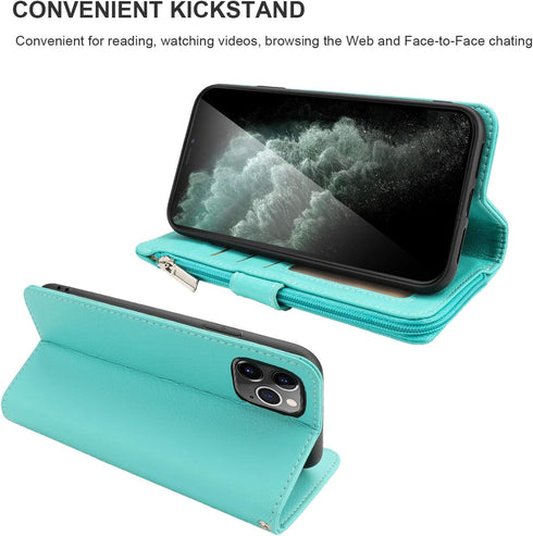 KIHUWEY Compatible with iPhone 12 Pro Max Wallet Case Premium Leather Zipper with Card Holder and Wrist Strap,Kickstand and Protective Lanyard Pur...