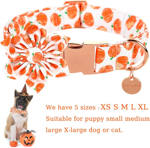 Halloween Dog Collar with Flower, Pumpkin Cotton Flower Collar for Small Girl Boy Dog, Fall Dog Collar Flower with Durable Metal Buckle, Adorable ...