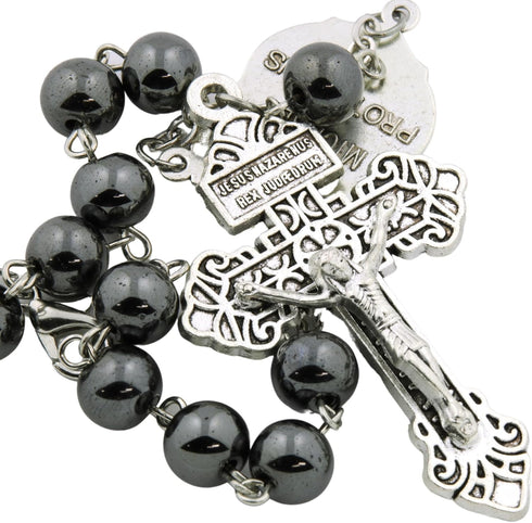 Needzo St. Michael Dark Gray Auto Rosary, Religious Car Accessories for Rearview Mirror, Catholic Gifts for Police Officers or Firefighters, 8 ½ I...