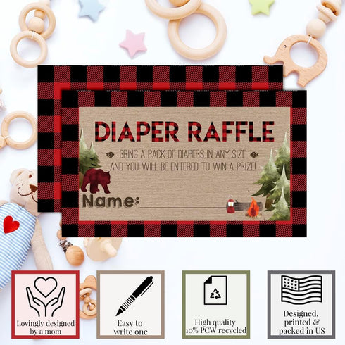 Amanda Creation Oh Boy! Outdoorsy Red and Black Plaid Lumberjack Diaper Raffle Tickets for Boy Baby Showers, 20 2" X 3” Double Sided Inserts, Brin...