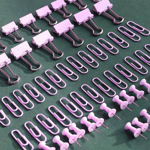 Purple Paper Clips and Binder Clips Set, 216 pcs, Metal Assorted Sized Binders with Push Pins, Cute Office Supplies for Desk, Durable Desk Accesso...