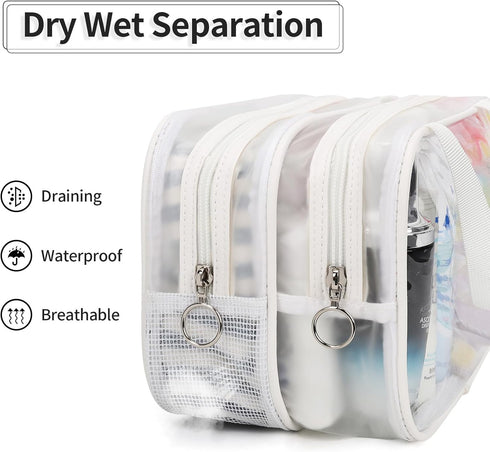 CUBETASTIC Clear Toiletry Bags for Traveling 2 Compartments Dry/Wet Separation Shower Bag with Mesh Draining Section, Portable Clear Makeup Bag & ...