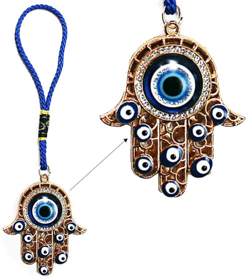 Hamsa Hand Amulet Pendant w/Crystal Rhinestones Blue, White & Black Evil Eye Car Hanging Ornament Rear View Mirror Accessories - Door, Wall, Bag C...