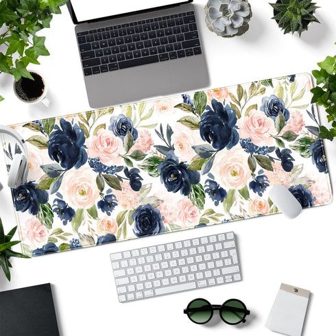 Blue Pink Mouse Pad Ink and Wash Blue Pink Flower Boho Desk Supplies for Women Office Aesthetic Desk Mat Mousepad Desk Pad Keyboard Pad, Non-Slip ...