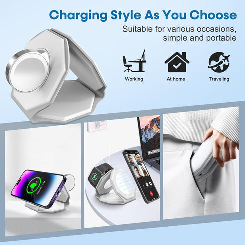 3 in 1 Wireless Charger for iPhone MagSafe Foldable - Magnetic Travel 18W Fast Charging Station Soft Silicone Sleep-Friendly Portable Charger Stan...