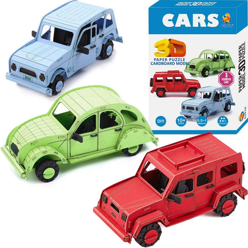 3D Paper Puzzle, 3 Assorted Cars, 3D Cardboard Model Car kit, DIY Set for Child, Educational Craft Puzzles, Gift for Boys...