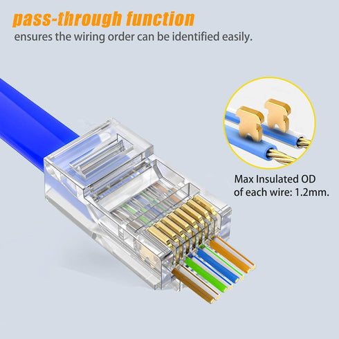 RJ45 Cat6 Cat6a Connector Pass Through 23AWG 100-PACK Gold Plated 8P8C Ethernet Ends for Unshielded Twisted Pair Solid Wire & Standard Cables...