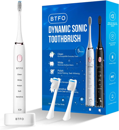 Electric Toothbrush with 5 Modes, 2pcs Replacement Brush Heads USB Rechargeable Smart Electronic Toothbrush with Holder for Adults IPX7 Waterproof...