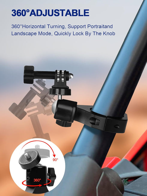 UTV Camera Mount for GoPro & More, Aluminum Bracket Fits 1.75"-2" Roll Cage on Polaris RZR, 360° Rotation UTV Camera Holder Compatible with Insta3...