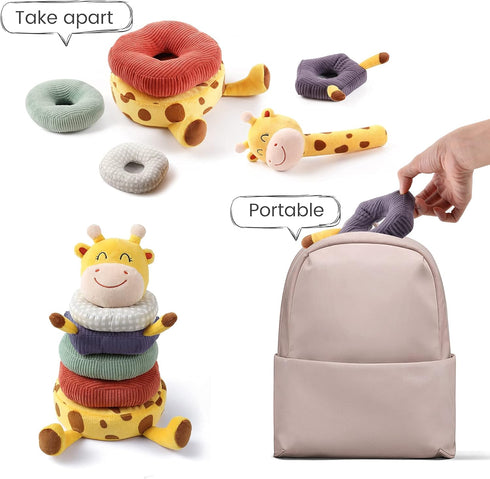 TUMAMA Plush Stacking Rattles Baby Toy Giraffe Stacks of Circles STEM Montessori Toy Baby Shower Deer Woodland Stuffed Animals Gift for 3 6 9 12 1...