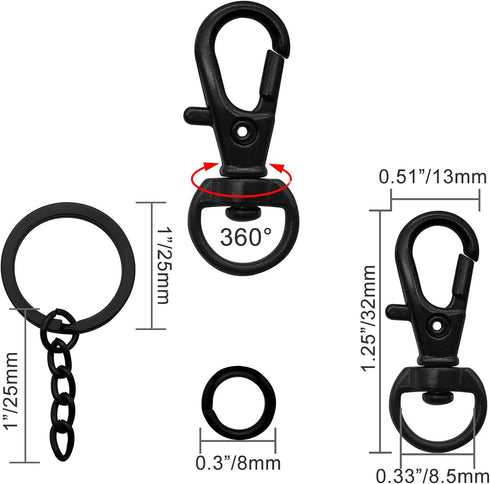 150Pcs Black Swivel Snap Hook Set,Swivel Clasp Keychain Hook Lobster Clasp Split Key Rings with Chain and Jump Rings Bulk for Keychain Lanyard,Jew...