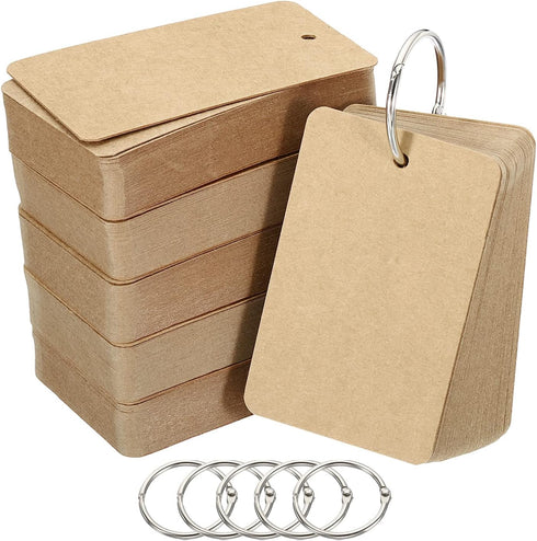 PATIKIL Blank Index Cards with Ring, 300Pcs Blank Flash Card 3.5" x 2" Note Card Study Card for Memory Learning Studying Office Supplies, Brown...