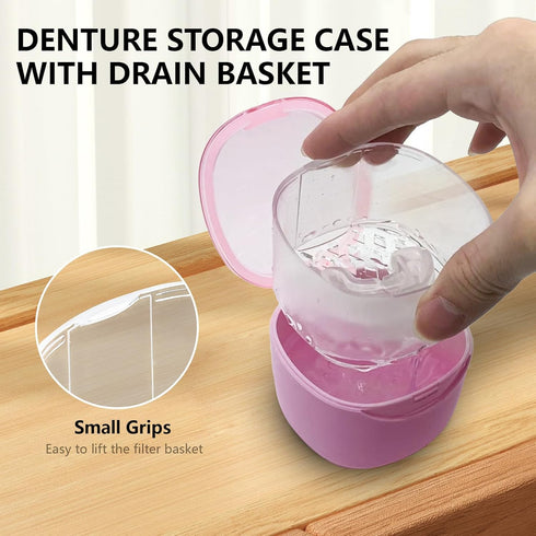 Partial Denture Case Leak Proof with Strainer Basket and Brush, Waterproof Denture Cup Retainer Cleaning Bath Case Travel for Dentures, Braces, Ni...