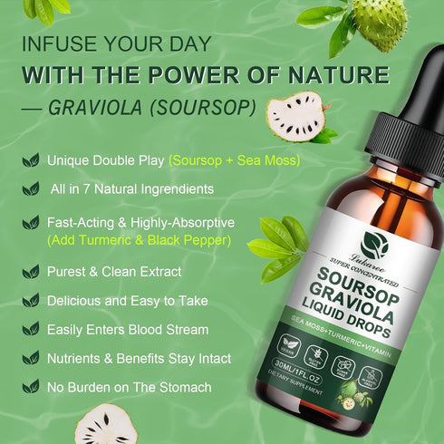 Soursop Graviola Leaf Extract Liquid Drop Plus Pure Botanical Sea Moss for Cell Support & Regeneration, Immunity, Liver, Zzz & Antioxidant - Sours...