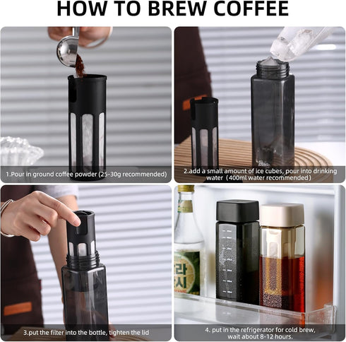 Bincoo 480ml Portable Cold Brew Cup with Removable Filter&Clean Brush, Tritan Plastic Iced Coffee Maker, Rectangle Small Iced Coffee Cups with Sca...