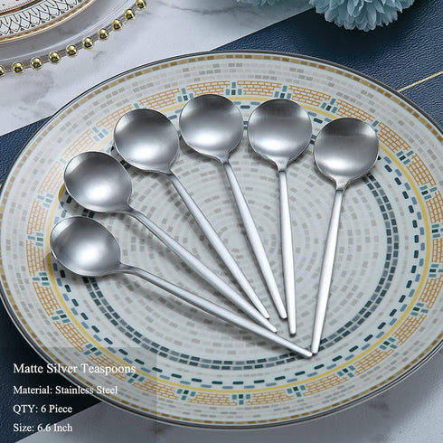 Teaspoons 6 Piece, 6.6'' Spoons Silverware, Stainless Steel Small Spoons, Tea Spoons for Home, Kitchen or Restaurant, Dishwasher Safe (Matt Silver...