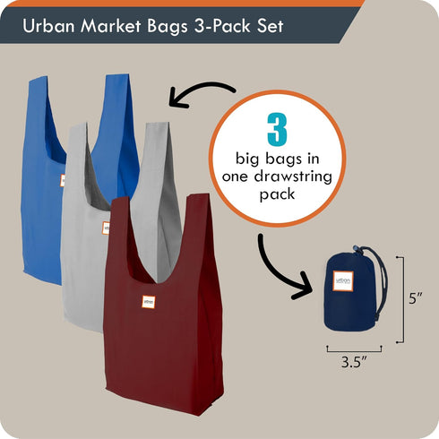 Ocean - 3 Foldable Reusable Shopping Bags in 1 Compact Pouch, Luxury Quality, Durable Fabric, Holds 50+ lbs, Machine Washable, Pouch Fits in Cupho...