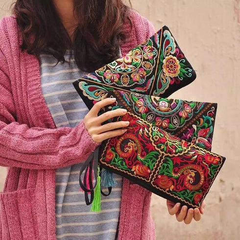 Floral Embroidered Boho Wristlet Women Girls Evening Clutch Bags Handbags Handmade Beach Bag With Lanyard...