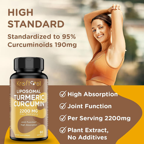 Liposomal Turmeric Curcumin Supplement 2200 mg with Black Pepper Extract 15 mg for High Absorption and Joint Function, 60 Softgels for Adults...