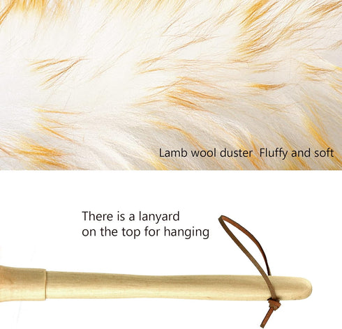 Lambs Wool Duster for Cleaning Window Blinds Computer Furniture TV Computer Screens Bookshelves Solid Wooden Handle Natural Feather Duster,16'', Y...